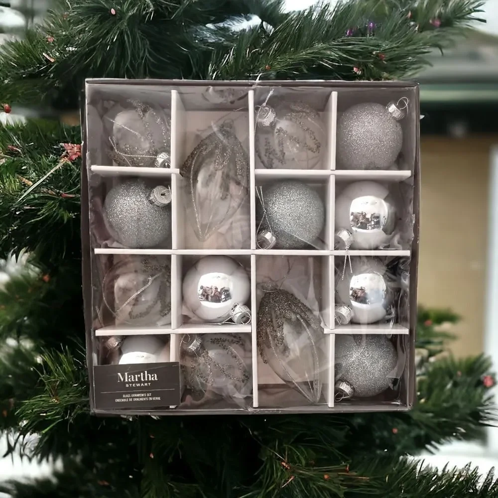 14 Martha Stewart Silver Glass Ornament Set Christmas Beaded‎ Glittery Bedford